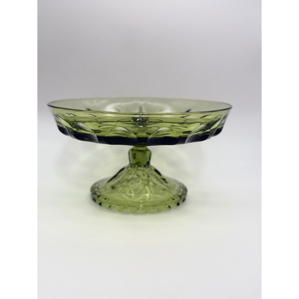 Indiana Glass Kings Crown Thumbprint Avocado Green Pedestal Divided Dish 8in